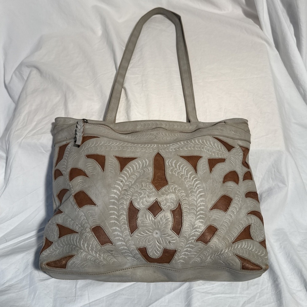 Vintage Leaders in Leather Gray & Brown Classic Cutout Tote Handcrafted